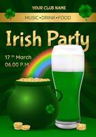 Vertical st. patrick's day party poster, banner with glass of beer and cauldron with coins vector