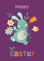 Easter bunny waves and holds an Easter egg in his paws on a background of flowers. vector