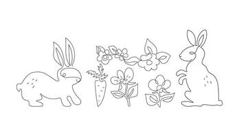 Continuous one line drawing of Easter bunny, flowers, rabbit, carrot. Animals, sketch. Cute silhouette hare, simple. Graphic print. Spring greeting card design. vector