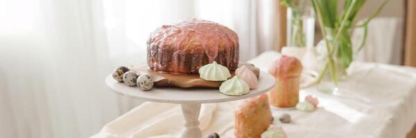 A set table for the celebration of Easter. Cakes and quail eggs photo