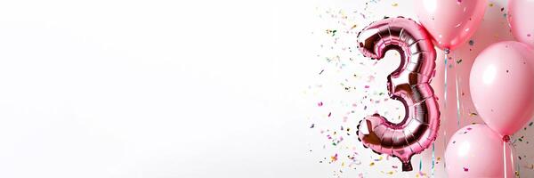 A festive celebration of the third birthday with balloons and confetti in pink pastel tones, an inflatable balloon with the number 3 on a white background. Banner photo