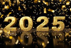 An elegant celebration of the year 2025 with golden confetti on a black background. photo