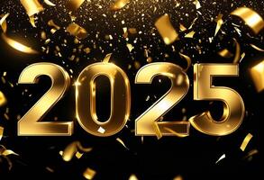 An elegant celebration of the year 2025 with golden confetti on a black background. photo