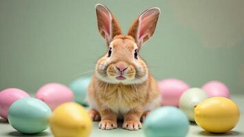 Adorable bunny surrounded by colorful Easter eggs with green background. photo