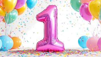Pink-themed celebration for a one-year-old with balloons, confetti, and large number 1 balloon. photo