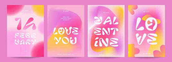 4 Valentine's Day cards, pink and yellow gradient, creative typography, abstract modern style, romantic mood. Suitable for printing, design of social networks, banners, advertising and greetings. vector