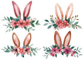 cute watercolor illustration for easter. set of compositions of Easter bunny ears in flowers. simple style vector