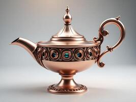 Copper teapot with Arabic inscription on light background photo