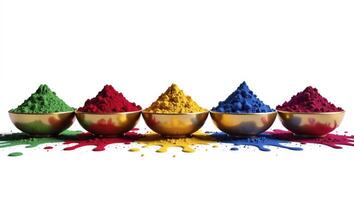 Row of bowls filled with different colored powders. The bowls are arranged in a line, with the first bowl on the left and the last on the right. The powders are of various colors, including red photo