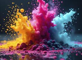 Colorful explosion of paint is shown in the image, with a mix of red, yellow, and blue colors. The scene is dynamic and energetic, with the paint particles flying in all directions photo