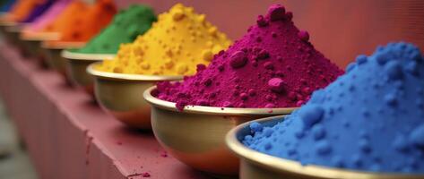 Row of bowls filled with colorful powders. The bowls are arranged in a line, with each one containing a different color of powder. Concept of vibrancy and diversity photo