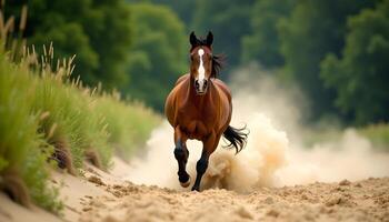 bay horse without harness and saddle gallops freely along during the day photo