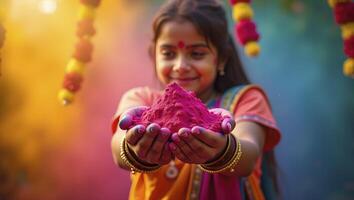 Little girl holds a handful of colorful powder, perhaps for a holiday or festival. The powder comes in various shades of blue, green and pink, creating a bright and festive atmosphere. photo
