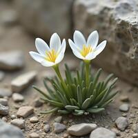 Two white flowers are growing in a rocky area. The flowers are small and delicate, and they are surrounded by rocks. Concept of fragility and resilience, as the flowers are able to grow photo