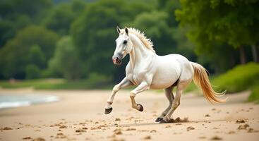 White horse without harness and saddle gallops freely along during the day photo
