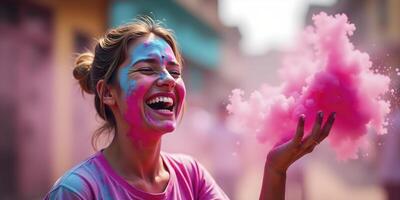 Woman is holding a pink cloud of smoke and smiling. Concept of joy and celebration, as the woman is participating in a colorful event or festival. The pink smoke adds a whimsical photo