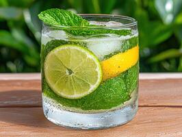 Refreshing summer lime and mint drink in a glass photo