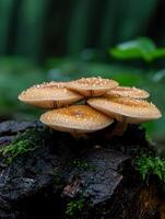 Cluster of mushrooms growing on a mossy log in the forest photo