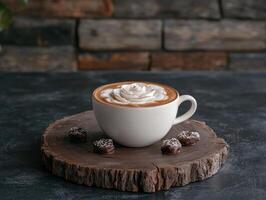 Close up of a cup of coffee with latte art in the shape of a flower, served with chocolates on a wooden board photo