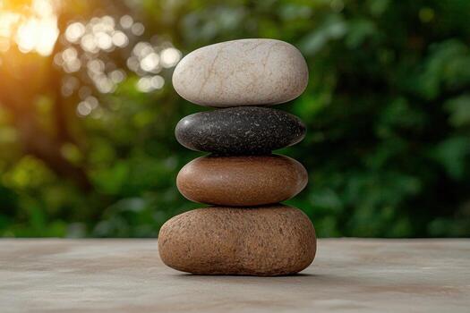 apilar de piedras en un de madera superficie con un borroso verde antecedentes foto