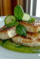 Grilled halloumi with cucumber and basil photo
