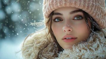 Close-up of a woman in a winter hat and fur scarf with snowflakes falling softly, highlighting her natural beauty and serene expression photo