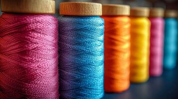 A row of spools of thread with wooden handles photo