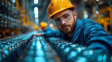 A factory worker in a hard hat and safety glasses, inspecting machinery photo