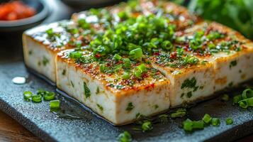 A plate of tofu with green onions and sauce photo