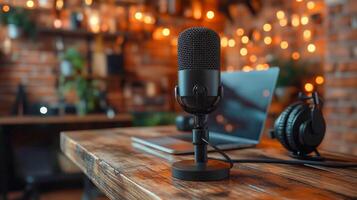 A microphone sits on a wooden table in front of a laptop photo