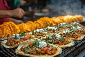 Chef preparing delicious tacos with cilantro and sour cream on grill photo