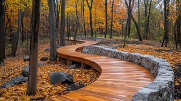 Winding wooden path through autumn forest invites exploration and tranquility photo