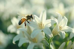 Honey bee gathering pollen from white lily flower in summer garden photo