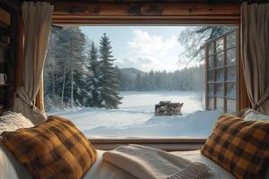 Cozy cabin overlooking snowy winter wonderland with frozen lake and forest photo