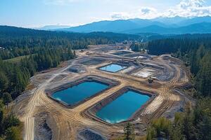 Water treatment plant being built in rural setting with mountains in background photo