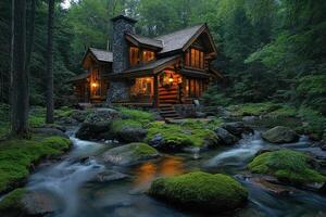 Cozy log cabin nestled in a lush forest setting with flowing river. photo