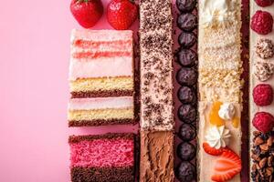 Variety of cake slices displayed on pink background, creating visually appealing arrangement photo