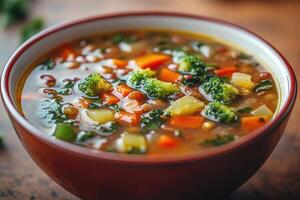 Lentil soup with broccoli, carrots, potatoes, and spinach in bowl photo