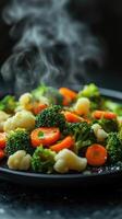 Steaming hot mixed vegetables of broccoli, carrots, and cauliflower. photo