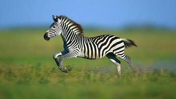Zebra running fast on green grass in the african savanna photo