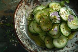 Sliced cucumbers with spices and flowers creating a refreshing salad photo