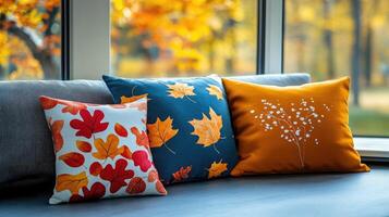 Warm autumn cushions resting on cozy sofa by window with fall foliage view photo
