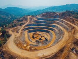 Excavators working in open pit mine extracting minerals from the earth photo