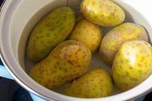 Boiling fresh unpeeled potatoes in a pot on the stove for a hearty meal preparation photo