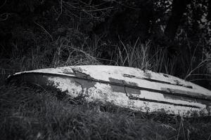 Old boat abandoned in tall grass near a forest under soft light in late afternoon photo