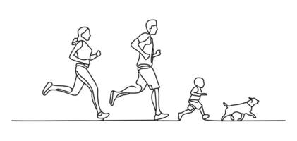 A family comes to life with a minimal hand-drawn design while running in nature with their cute dog. vector