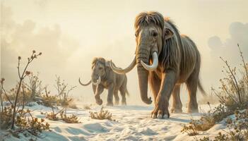 Ice age mammoths walk in the snow, snowy valley photo