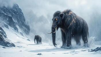 Impressive Ice age mammoths walk in the snow and beautiful winter mountain landscape. photo