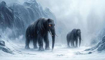 Impressive Ice age mammoths walk in the snow and beautiful winter mountain landscape photo