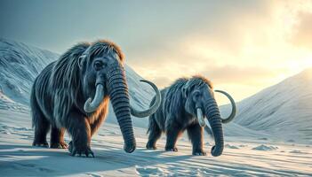 Ice age mammoths walk in the snow photo